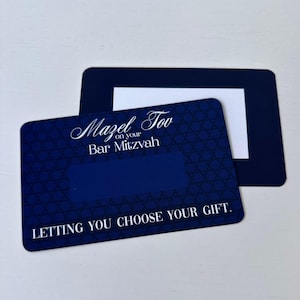May include: A blue card with a Star of David pattern and the text "Mazel Tov on your Bar Mitzvah" and "Letting you choose your gift."