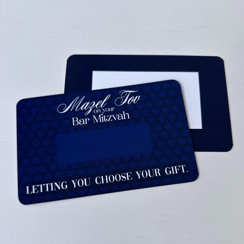 May include: A blue card with a Star of David pattern and the text "Mazel Tov on your Bar Mitzvah" and "Letting you choose your gift."