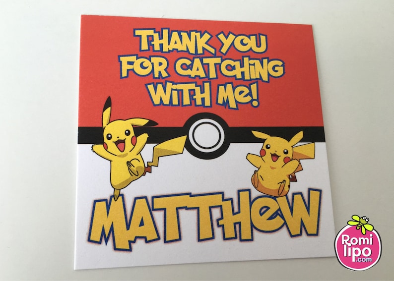 May include: A red and white thank you card with a yellow Pikachu character on each side. The card says "Thank you for catching with me!" and "Matthew".