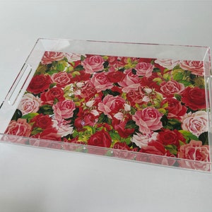 Acrylic tray w/exchangeable insert, 11 x 17, serving tray, lucite tray, wedding gift,  office decor, floral,  tray with handles, red