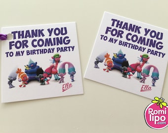 Trolls party, Set of 24 2.5" x 2.5" thank you for coming cards or stickers, favor tags, trolls, personalized favor tags, kids party