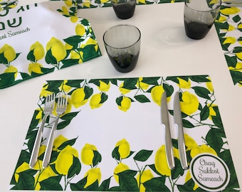 Sukkot placemats, set of 12 Sukkot placemats, Sukkot decoration, Sukkot decor, etrog, Judaica, paper placemats, table decor, lemons