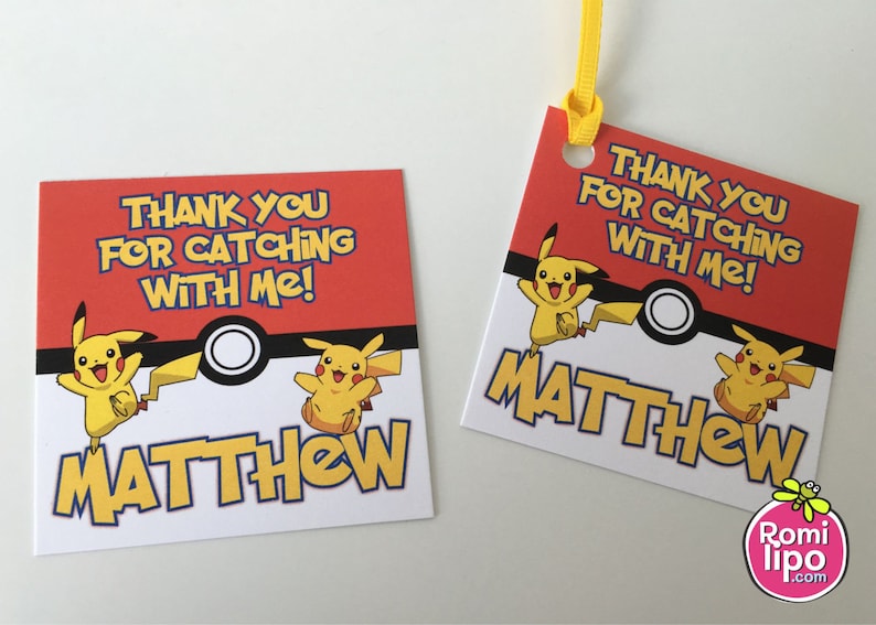 May include: Two red and white thank you cards featuring a yellow Pikachu character. The text on the cards reads "Thank you for catching with me!" and "Matthew".