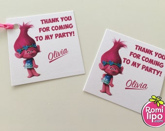 Trolls party, Set of 24 2.5" x 2.5" thank you for coming cards or stickers, favor tags, trolls, personalized favor tags, kids party