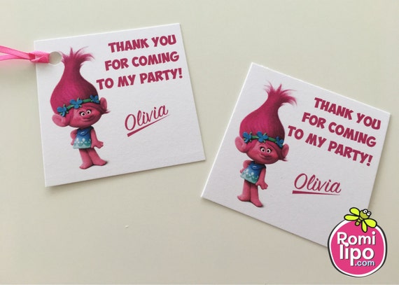 Trolls party, Set of 24 2.5" x 2.5" thank you for coming cards or stickers, favor tags, trolls, personalized favor tags, kids party