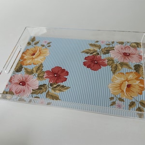 Acrylic tray w/exchangeable insert, 11x17, serving tray, lucite tray, home decor, mothers day gift,  gif for mom, floral,  tray with handles
