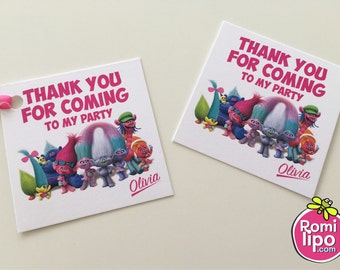 Trolls party, Set of 24 2.5" x 2.5" thank you for coming cards or stickers, favor tags, trolls, personalized favor tags, kids party