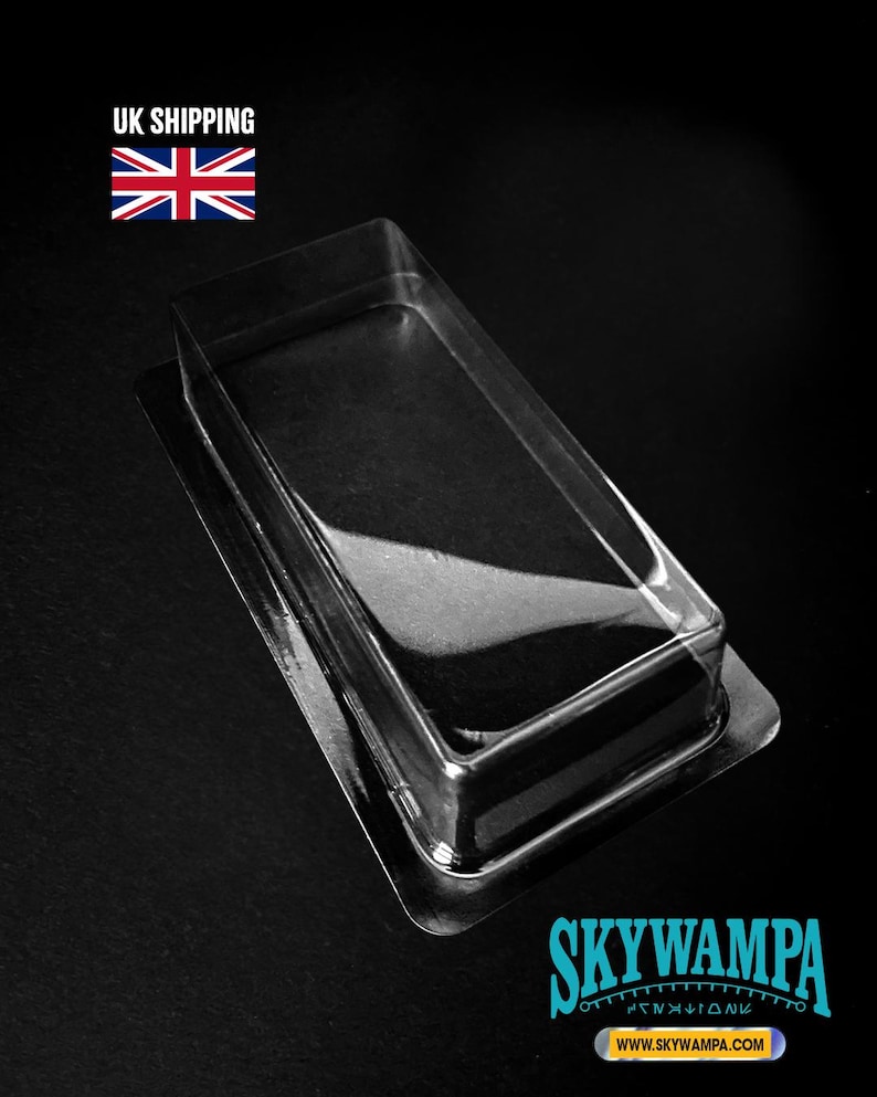 May include: A clear, rectangular plastic blister pack tray with a flat rim and a hollow center. The image includes the text UK SHIPPING with a Union Jack flag, and the text SKYWAMPA with the website address WWW.SKYWAMPA.COM at the bottom.