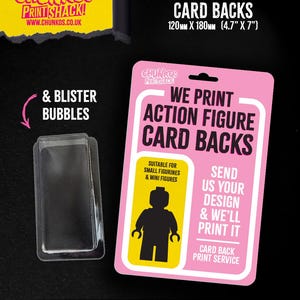 May include: A pink card back for action figures with the text "WE PRINT ACTION FIGURE CARD BACKS". The card is 4.7" x 7" and suitable for small figurines and mini figures. A clear blister bubble is also shown.