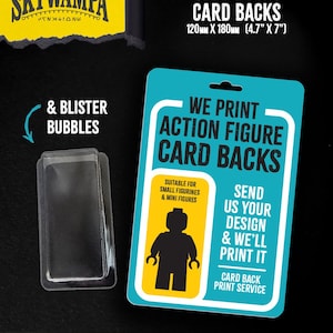 May include: A Skywampa small figure size card back measuring 4.7 inches by 7 inches, featuring a teal and yellow design with a black silhouette of a minifigure, accompanied by a clear plastic blister bubble for action figure packaging.