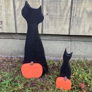 Fall Halloween Yard Decor Outdoor Primitive Wood Cat with Pumpkin on Metal Stake Lawn Decoration Ornament Painted Wood Baby Cat with Pumpkin image 4