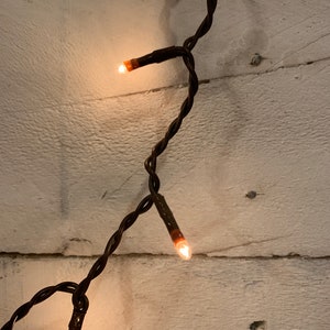 May include: A string of warm white fairy lights with brown wire, strung across a white wooden wall.