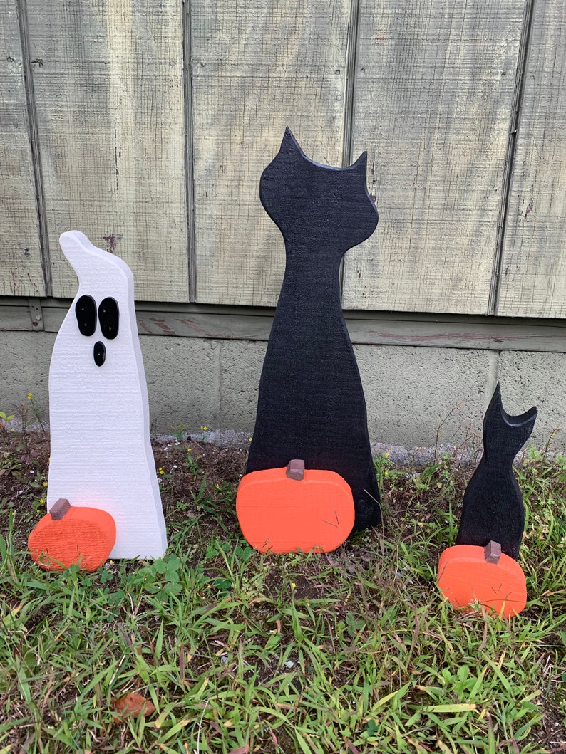 Fall Halloween Yard Decor Outdoor Primitive Wood Cat with Pumpkin on Metal Stake Lawn Decoration Ornament Painted Wood Baby Cat with Pumpkin image 3