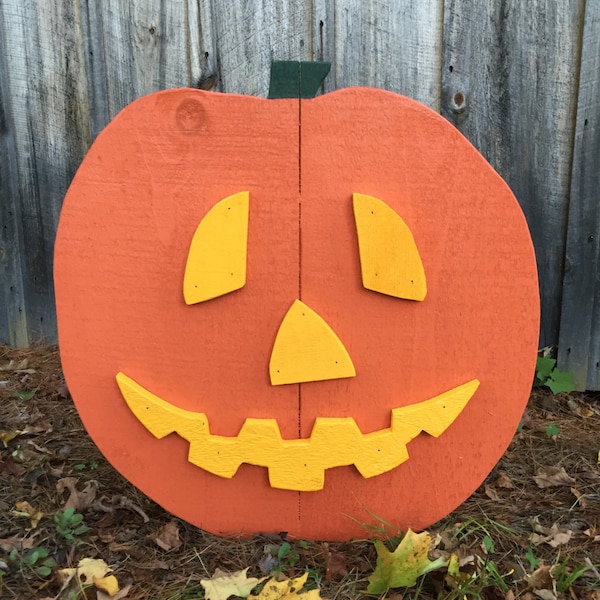 Halloween Yard Decor Large wood Jack O' Lantern on metal stake Outdoor painted wood lawn ornament Spooky Trick or Treat pumpkin decoration.