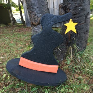 Halloween Yard Decor Wood Witch Hat with Star on metal stake Outdoor painted wood lawn or garden ornament Witch's Ghost Pumpkins Decorations