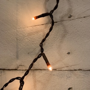 May include: A string of warm white fairy lights with brown wire, strung across a white wooden wall.