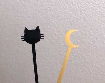 Halloween decorations,black cat,celestial,Cat Set,Crescent Moon,Black cat,Drink Stirrers,October,Party Decor,Swizzle Sticks,Laser Cut,6 Pk