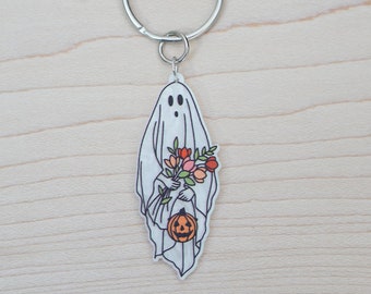 Boo Basket tag, Acrylic Floral Ghost Keychain, Ghost with Flowers, Pumpkin, Pretty Halloween Keyring, Keytag, Floral Ghost, Gift Idea,1ct