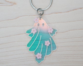 bag charm,purse charm,backpack tag,Iridescent Acrylic Ghost Keychain,Ghost with Flowers,Halloween Boo Basket, Keytag, Floral Ghost,1ct