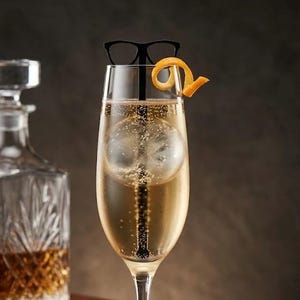 May include: A tall champagne flute filled with a golden liquid, a large spherical ice cube, and a black plastic stirrer shaped like spectacles. An orange peel twist garnishes the rim. A crystal decanter and a book titled The Modern Drink are nearby.