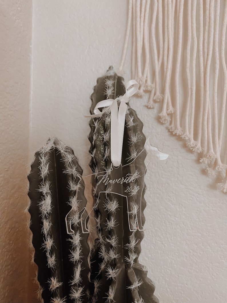 May include: A clear acrylic ornament in the shape of a dog, with the name "Maverick" and the year "2020" etched on it. The ornament is tied with a white ribbon and is displayed on a cactus.