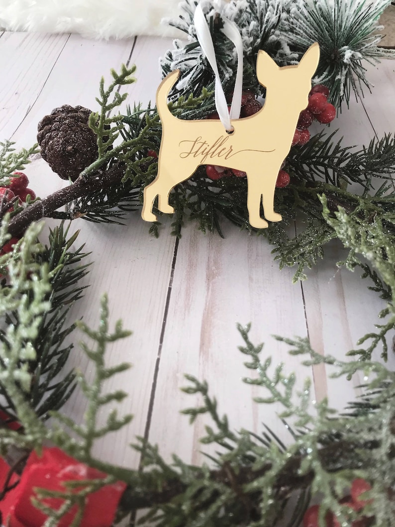 May include: A gold-colored Chihuahua dog ornament with the name "Stifler" in cursive script. The ornament hangs from a white ribbon and is surrounded by a Christmas wreath with red berries and pine needles.