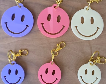 Smiley face keychain,cute gift,gift for girl,BFF gift,acrylic key tag,pastel smiley,millennial style,y2k,flower power,party favor under 20