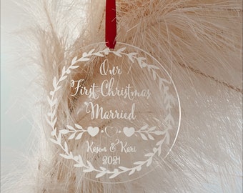 Our First Christmas Married Ornament 2021 Personalized Acrylic Ornament,She Said Yes,Wedding Gift, Holiday Engagement,Mr. and Mrs.