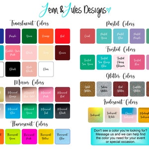 May include: A chart showing different color options for custom tumblers. The chart is divided into categories: Translucent Colors, Pastel Colors, Frosted Colors, Glitter Colors, Mirror Colors, Iridescent Colors, and Fluorescent Colors. Each category has a grid of color swatches.