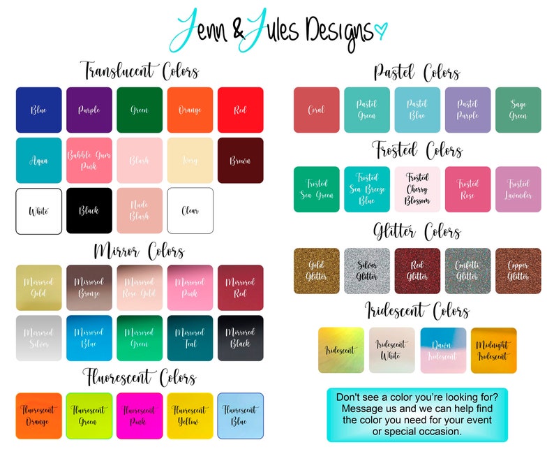 May include: A chart showing different color options for custom tumblers. The chart is divided into categories: Translucent Colors, Pastel Colors, Frosted Colors, Glitter Colors, Mirror Colors, Iridescent Colors, and Fluorescent Colors. Each category has a grid of color swatches.
