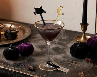 Halloween decorations,black cat,celestial,Cat Set,Crescent Moon,Black cat,Drink Stirrers,October,Party Decor,Swizzle Sticks,Laser Cut,6 Pk