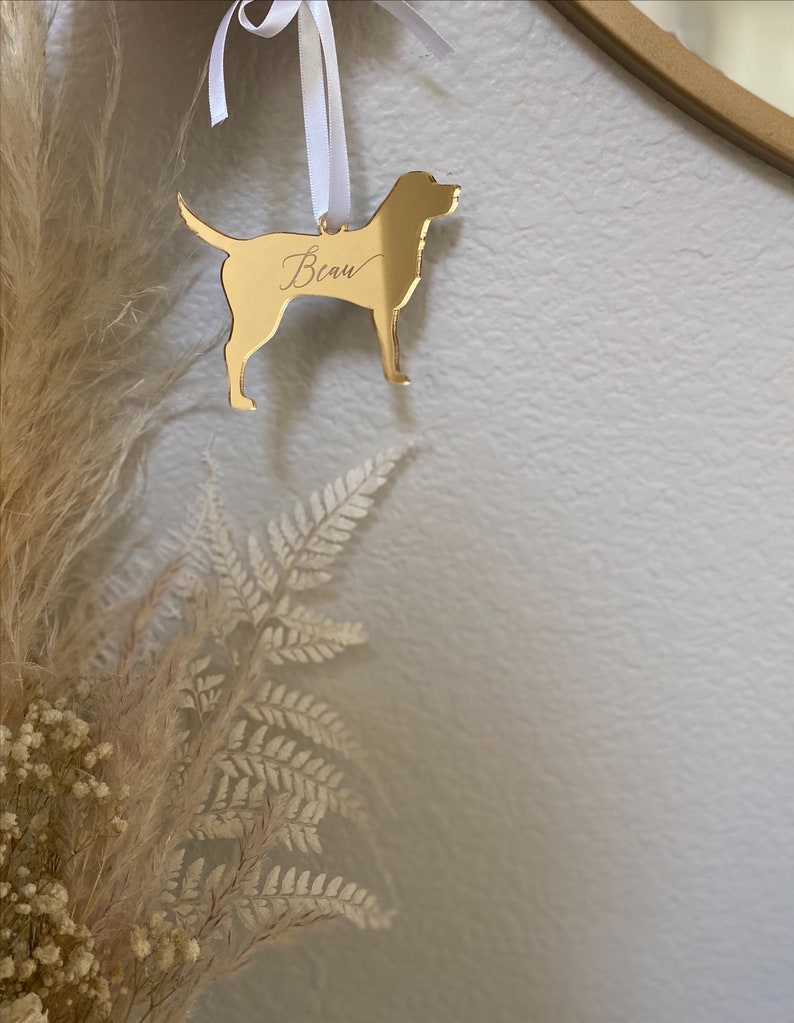 May include: A gold-colored dog-shaped ornament with the name "Beau" engraved on it. The ornament hangs from a white ribbon. The background includes dried flowers and a neutral-colored wall.