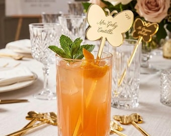 Acrylic butterfly Escort Cards,Champagne Glasses,Custom Cut and Engraved Acrylic Champagne Sticks,Place Card,seating chart,drink stirrer