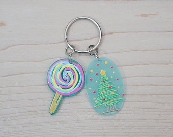 Pastel Blue Christmas Keychain, Holiday Candy Charm, Christmas Tree keytag, stocking stuffer, gift tag, Neighbor gift, party favor, 1ct