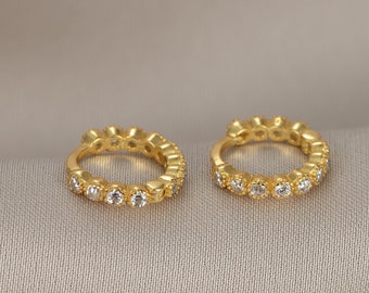 Round White CZ Diamond Hoop Earrings - Sterling Silver Small Huggie Earrings - Gold or Silver - Unique Huggie Earrings