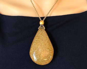 ANNE KLEIN COUTURE Gold Glitter Lucite Resin Teardrop Pendant Necklace~Large Clear Confetti Lucite Statement Pendant~Handmade~Runway
