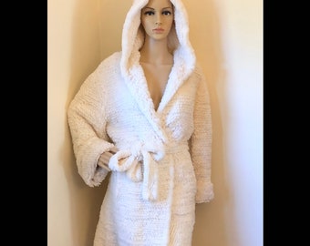 RIZAL Paris White Rabbit Fur Jacket Hoodie,  Woven Fur Chenille Wrap Coat, Vintage Luxe Lightweight CHINCHILLA REX Rabbit Fur, Knee Length