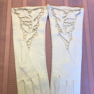 Exquisite 1960s White Kid Leather Cut Out Lace 11 Inch Long Formal GlovesEmbroidered Floral LaceEvening GlovesDay GlovesWedding Gloves image 3