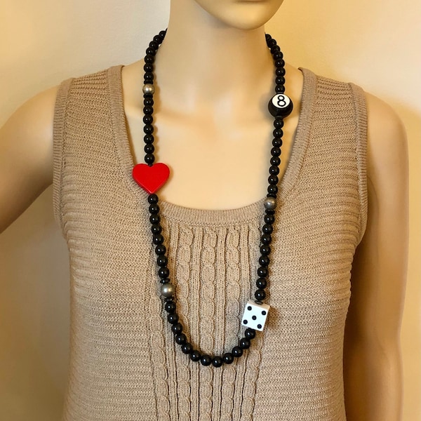 80s Artisan Handmade LUCKY 8 Ball HEART DICE Necklace~Billiard Pool Ball Jewelry~Vintage Plastic Long Beaded Necklace~Love Magic Good Luck