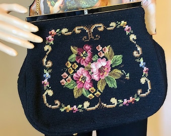 50s SWITKES Floral Needlepoint Gold Chain Purse~Large Hand Embroidery Flowers Crossbody Handbag Shoulder Bag~Celluloid Frame w/ Marcasites