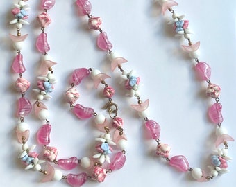 HATTIE CARNEGIE Super Long Glass Bead Necklace~52 Inch or Multi Strand~Hand Wired Flowers~Miriam Haskell Style
