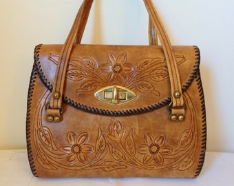 Large 60s 70s Hand Tooled Leather Handbag Double Straps Purse~Boho Vintage Bag~bohemian hippie~roses flowers leaves