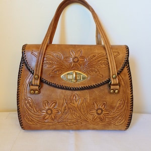 Large 70s Hand Tooled Leather Handbag Double Straps Purse~Boho Vintage Bag~bohemian hippie~roses flowers leaves