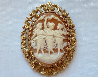 14K Gold 3 GRACES Cameo Brooch Pendant, Carved Shell Cameo, Three Dancing Greek Goddesses, Signed Vintage, Handmade, Ornate Heavy Gold Frame