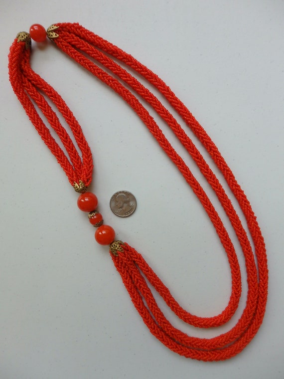 Mid Century ITALY Reddish Orange Glass Seed Bead … - image 4