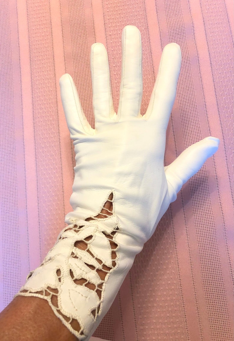 Exquisite 1960s White Kid Leather Cut Out Lace 11 Inch Long Formal GlovesEmbroidered Floral LaceEvening GlovesDay GlovesWedding Gloves image 1