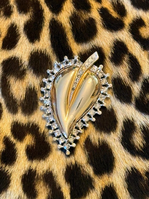 MAZER STERLING Silver Diamanté Rhinestone Gilt LEAF Fur Clip