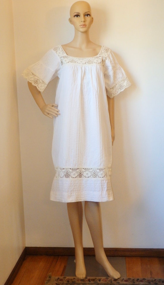 Mexican Vintage Cream White Cotton Crochet Dress~… - image 2