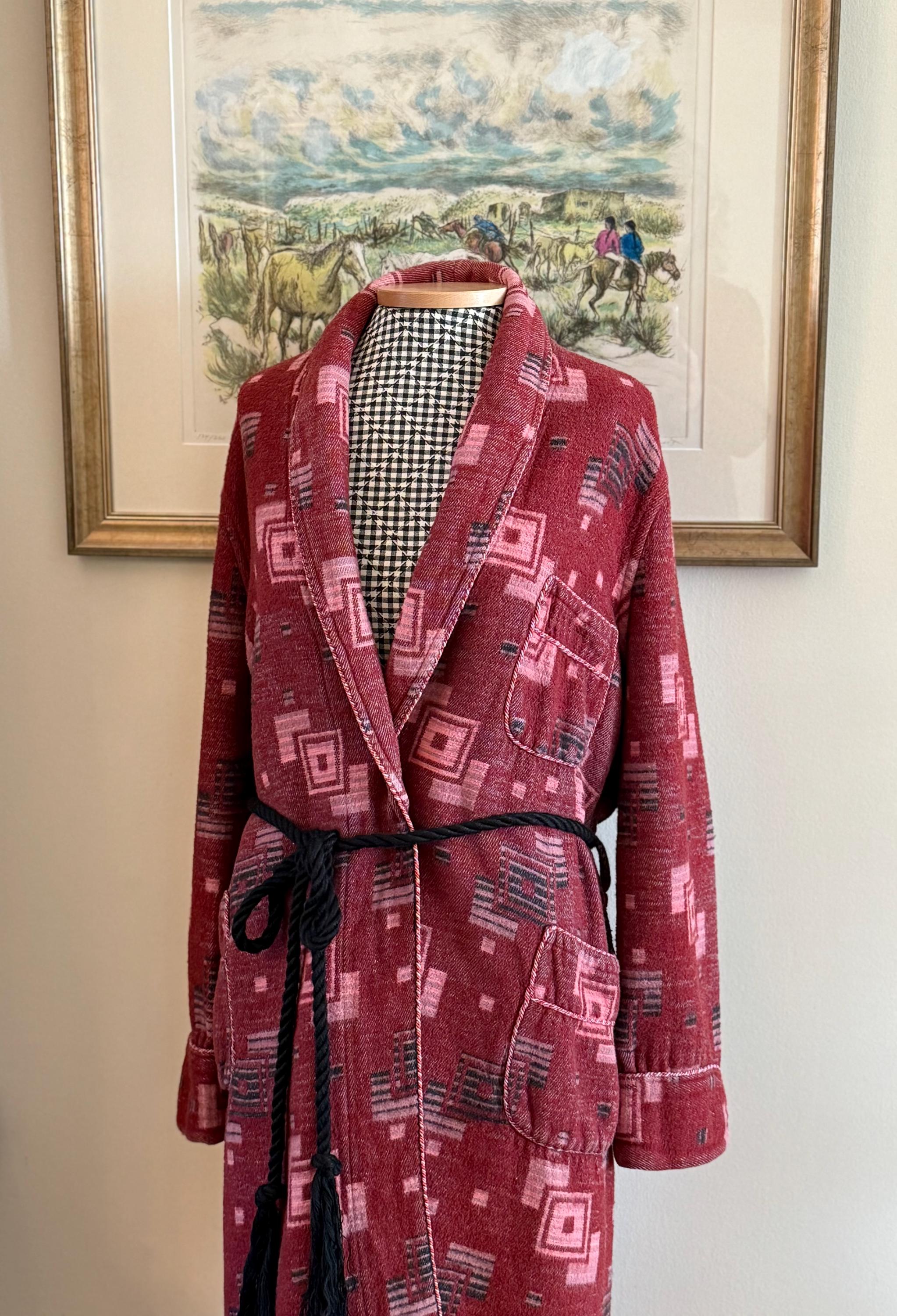 1930s 40s BEACON Blanket Robe, Art Deco Geometric, Maroon