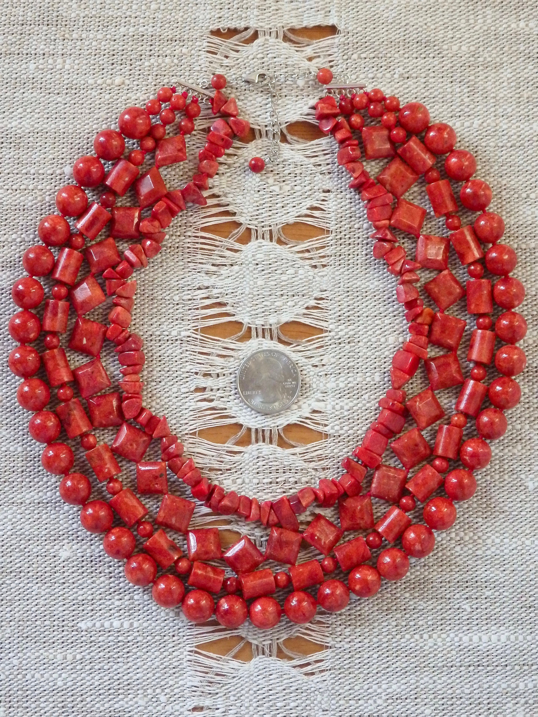 Vintage Sterling Silver Red Coral Multi-Strand Beaded  Vintage Chunky Red Coral Necklace Multi Strand Beaded 925 Sterling Silver Clasp main image 2